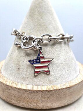 Enameled American Flaf Design Star Charm On Toggle Bracelet